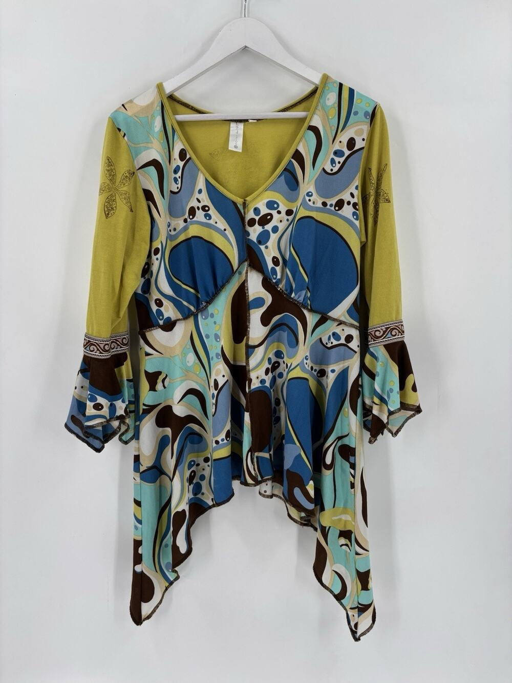 Hand Jive Blouse Womens XL Blue Green V Neck Bell Sleeves Y2K Psychedelic Top